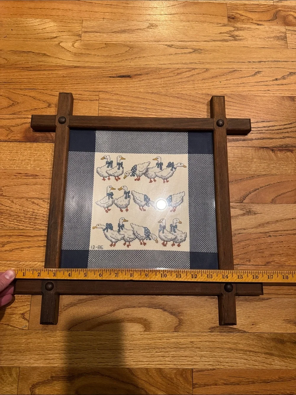 Vintage Framed Cross-Stitch Geese Wall Art - Blue & White w/wooden frame-goose